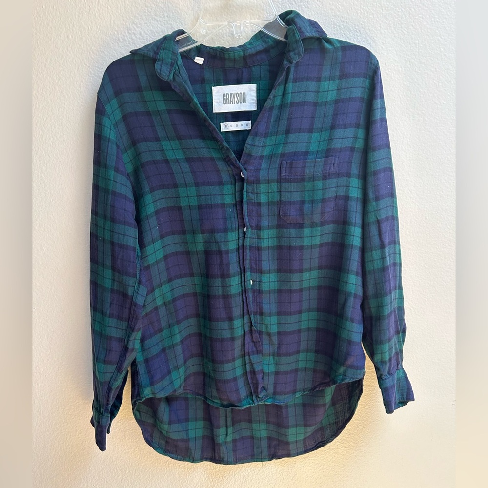 Grayson The Hero Shirt Women’s Size 1 Green Navy Plaid Button Down 100% Lyocell